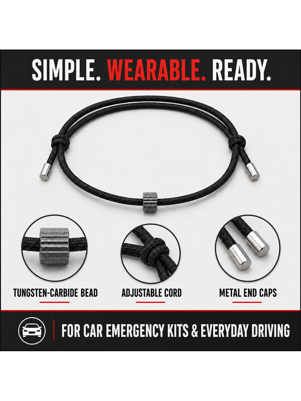 Car Window Breaker Bracelet Emergency Escape Tool Tungsten Carbide Bead Black - Picture 2 of 6